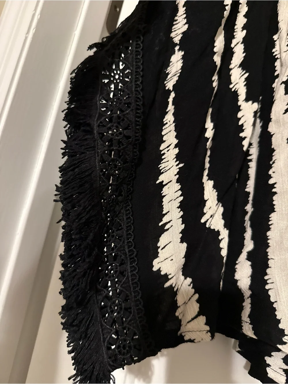 Mud Pie Black White Striped Boho Smocked Skirt Tassel Trim S/M Handkerchief